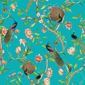 Antique Rococo Chinoiserie Flower Trees Animals Garden - With Peacocks- 18th century reconstructed hand painted lush garden - Marie Antoinette Chinoiserie inspired-DarkTurquoise Jade Gravel 