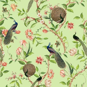 Antique Rococo Chinoiserie Flower Trees Animals Garden - With Peacocks- 18th century reconstructed hand painted lush garden - Marie Antoinette Chinoiserie inspired-light apple Green