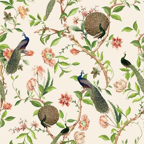Antique Rococo Chinoiserie Flower Trees Animals Garden - With Peacocks- 18th century reconstructed hand painted lush garden - Marie Antoinette Chinoiserie inspired-soft beige 