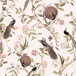 Antique Rococo Chinoiserie Flower Trees Animals Garden - With Peacocks- 18th century reconstructed hand painted lush garden - Marie Antoinette Chinoiserie inspired-soft sepia beige