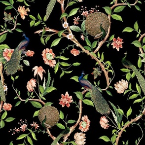 Antique Rococo Chinoiserie Flower Trees Animals Garden - With Peacocks- 18th century reconstructed hand painted lush garden - Marie Antoinette Chinoiserie inspired-night black 