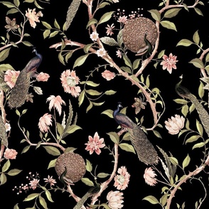 Antique Rococo Chinoiserie Flower Trees Animals Garden - With Peacocks- 18th century reconstructed hand painted lush garden - Marie Antoinette Chinoiserie inspired-sepia night black 