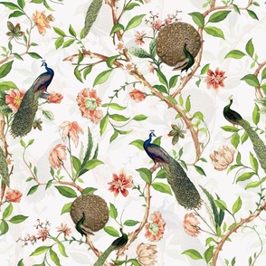 Antique Rococo Chinoiserie Flower Trees Animals Garden - With Peacocks- 18th century reconstructed hand painted lush garden - Marie Antoinette Chinoiserie inspired-off white double layer