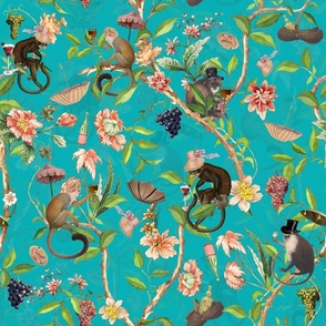 Antique Rococo Chinoiserie Flower Trees Drunk Monkey Animals Garden - 18th century reconstructed hand painted lush garden - Marie Antoinette Chinoiserie inspired-DarkTurquoise Jade Gravel  double layer
