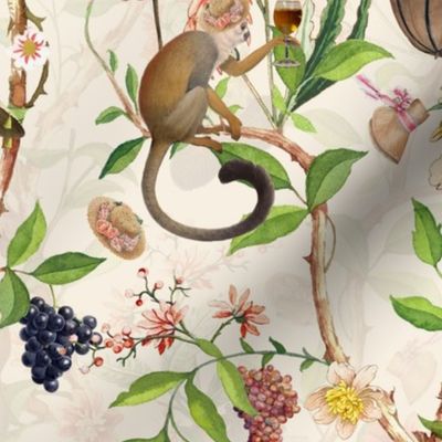 Antique Rococo Chinoiserie Flower Trees Drunk Monkey Animals Garden - 18th century reconstructed hand painted lush garden - Marie Antoinette Chinoiserie inspired-light beige double layer