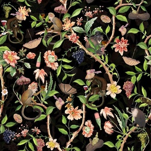 Antique Rococo Chinoiserie Flower Trees Drunk Monkey Animals Garden - 18th century reconstructed hand painted lush garden - Marie Antoinette Chinoiserie inspired-black night double layer