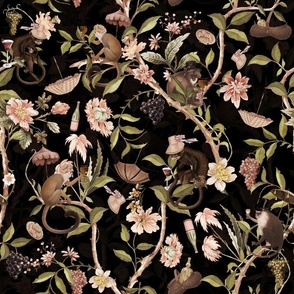 Antique Rococo Chinoiserie Flower Trees Drunk Monkey Animals Garden - 18th century reconstructed hand painted lush garden - Marie Antoinette Chinoiserie inspired-black night sepia double layer