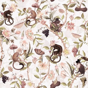 Antique Rococo Chinoiserie Flower Trees Drunk Monkey Animals Garden - 18th century reconstructed hand painted lush garden - Marie Antoinette Chinoiserie inspired-sepia off white double layer