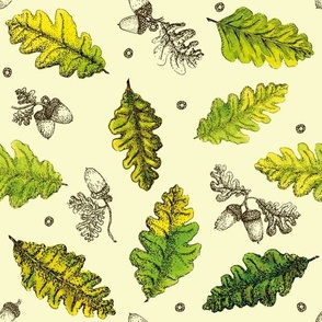 Oak Leaves and Acorns Watercolor & Ink  Beidge Background