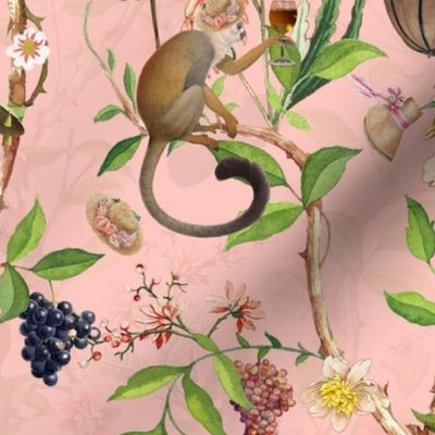 Antique Rococo Chinoiserie Flower Trees Drunk Monkey Animals Garden - 18th century reconstructed hand painted lush garden - Marie Antoinette Chinoiserie inspired-pink double layer