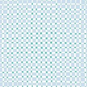 Gingham in blue, white, and teal green