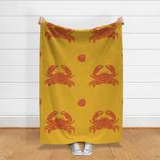 Block-Print Colorful Coastal Pattern with Crab and Sand Dollar on Mustard Yellow