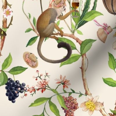 Antique Rococo Chinoiserie Flower Trees Drunk Monkey Animals Garden - 18th century reconstructed hand painted lush garden - Marie Antoinette Chinoiserie inspired-light beige 