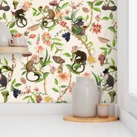 Antique Rococo Chinoiserie Flower Trees Drunk Monkey Animals Garden - 18th century reconstructed hand painted lush garden - Marie Antoinette Chinoiserie inspired-light beige 