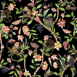 Antique Rococo Chinoiserie Flower Trees Drunk Monkey Animals Garden - 18th century reconstructed hand painted lush garden - Marie Antoinette Chinoiserie inspired-black night