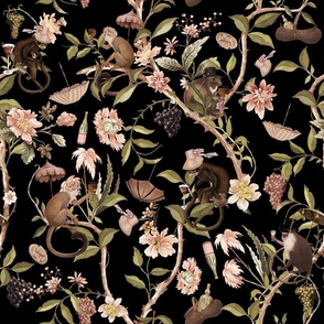 Antique Rococo Chinoiserie Flower Trees Drunk Monkey Animals Garden - 18th century reconstructed hand painted lush garden - Marie Antoinette Chinoiserie inspired-black night sepia 