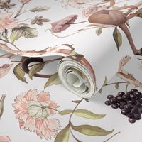 Antique Rococo Chinoiserie Flower Trees Drunk Monkey Animals Garden - 18th century reconstructed hand painted lush garden - Marie Antoinette Chinoiserie inspired-sepia off white