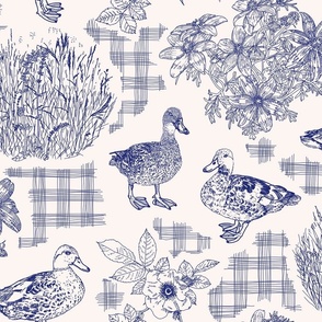 large-Ducks at blooming lakeside - French countryside toile de jouy with gingham checks - navy blue