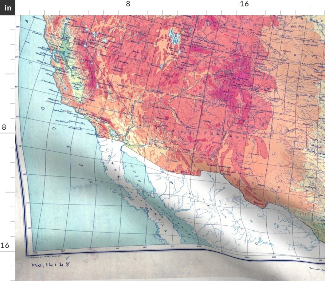 1911 relief map of USA - restored colors  (42x28" - fits on one yard of narrow fabrics)