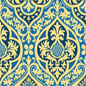 Gothic Revival pomegranate ogee, Prussian blue and light goldenrod, 12W