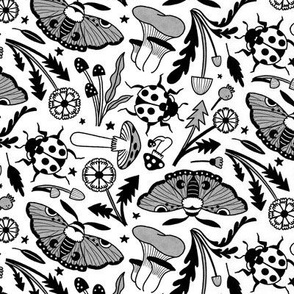 Moths and Ladybugs' Secret Garden, black and white, small scale 