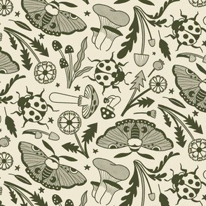 Moths and Ladybugs' Secret Garden, olive green and ivory, small scale 