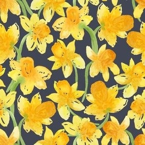 Small - Watercolour Golden Yellow Spring Daffodil Delight - Navy