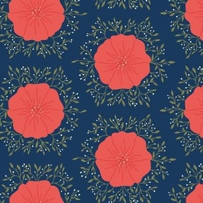 Coral Red Poppy Hex on Navy Blue