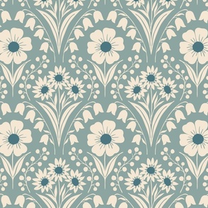 Secret Garden Ogee Floral Blue with Berries, Lilies of the Valley and a Vintage Feel 