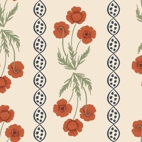Striped Poppies in Red and Cream Hand Painted with a Vintage Feel 