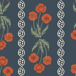 Striped Poppies in Navy and Red Hand Painted with a Vintage Feel