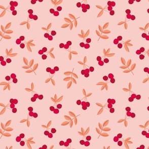 Little Cherry love garden fruit and leaves nursery design ruby red orange on blush pink SMALL