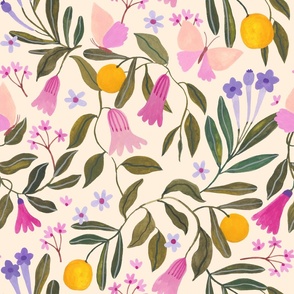 Lemon vines magical garden in beige hand painted gouache