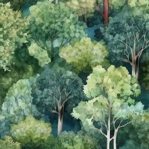 Endless Evergreen Dreamscape Trees in Watercolor Forest 