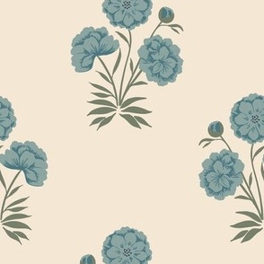 Vintage Peony in Cream, Blue, Teal, and Green 