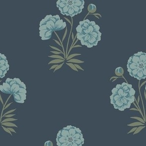 Vintage Peony in Navy, blue, teal, and green
