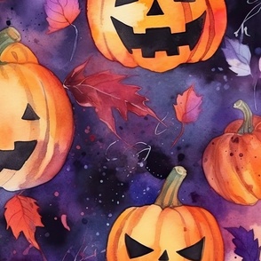 Watercolor Halloween Jack-o-Lantern Pumpkin Faces