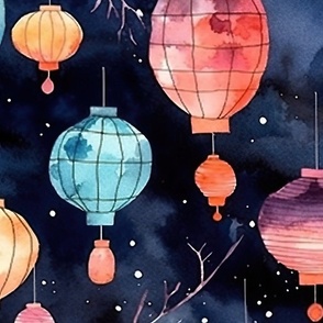 Watercolor Multi-Colored Chinese Paper Lanterns