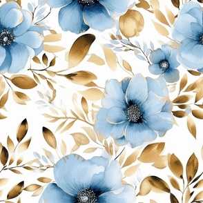 Large Scale Gold and Blue Floral 