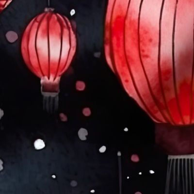 Red Glowing Chinese Paper Lanterns Watercolor