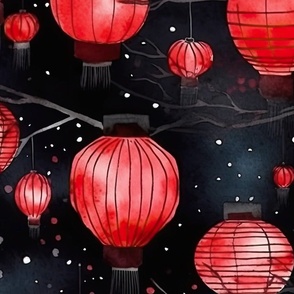 Red Glowing Chinese Paper Lanterns Watercolor