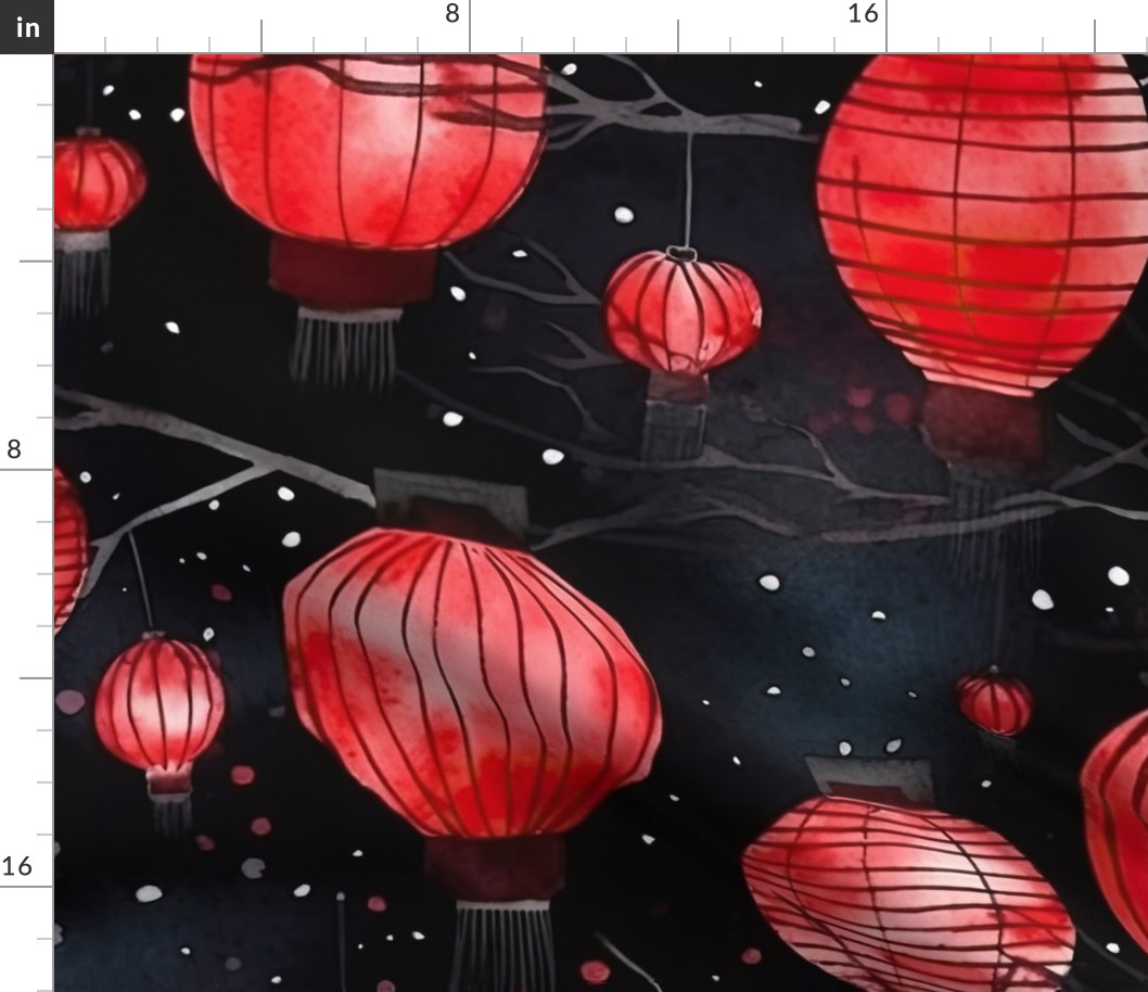 Red Glowing Chinese Paper Lanterns Watercolor