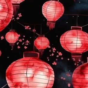 Red Glowing Chinese Paper Lanterns Watercolor