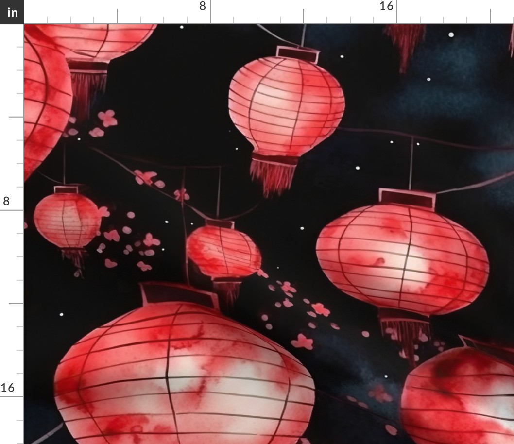 Red Glowing Chinese Paper Lanterns Watercolor