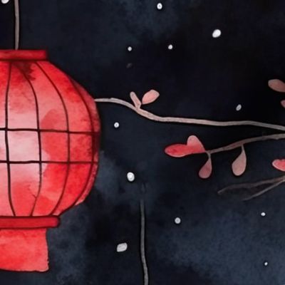 Red Glowing Chinese Paper Lanterns Watercolor