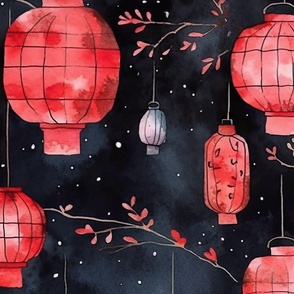 Red Glowing Chinese Paper Lanterns Watercolor