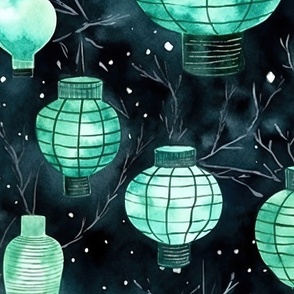 Jade Green Glowing Chinese Paper Lanterns Watercolor