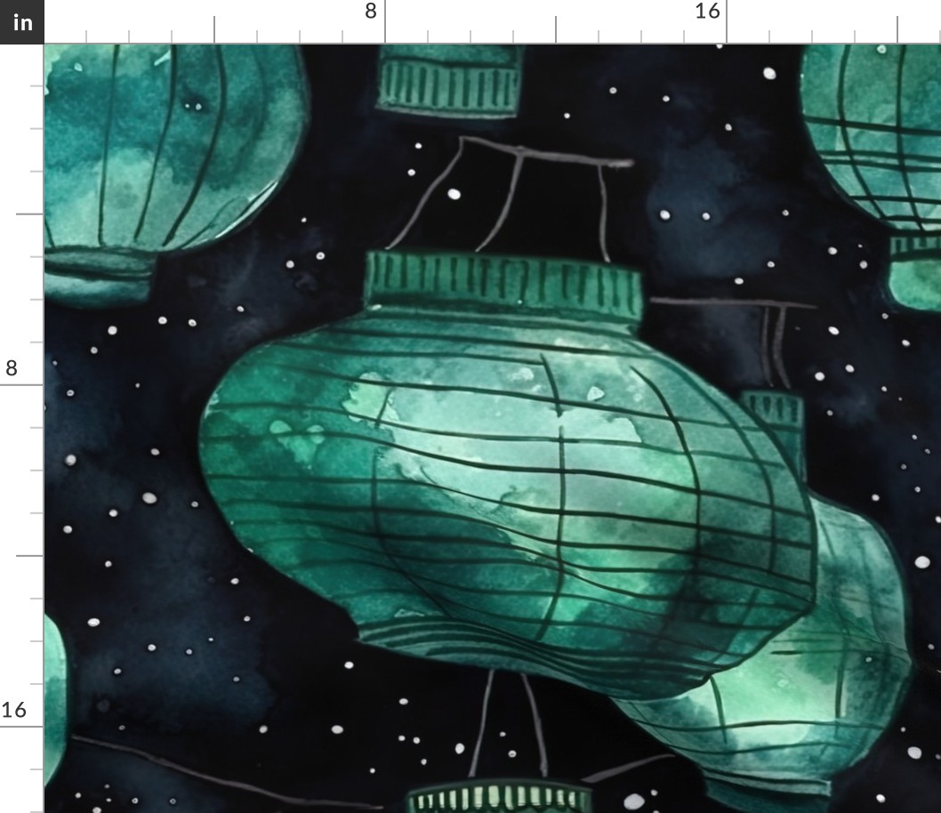 Jade Green Glowing Chinese Paper Lanterns Watercolor