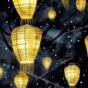 Yellow Glowing Chinese Paper Lanterns Watercolor