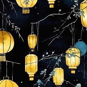 Yellow Glowing Chinese Paper Lanterns Watercolor